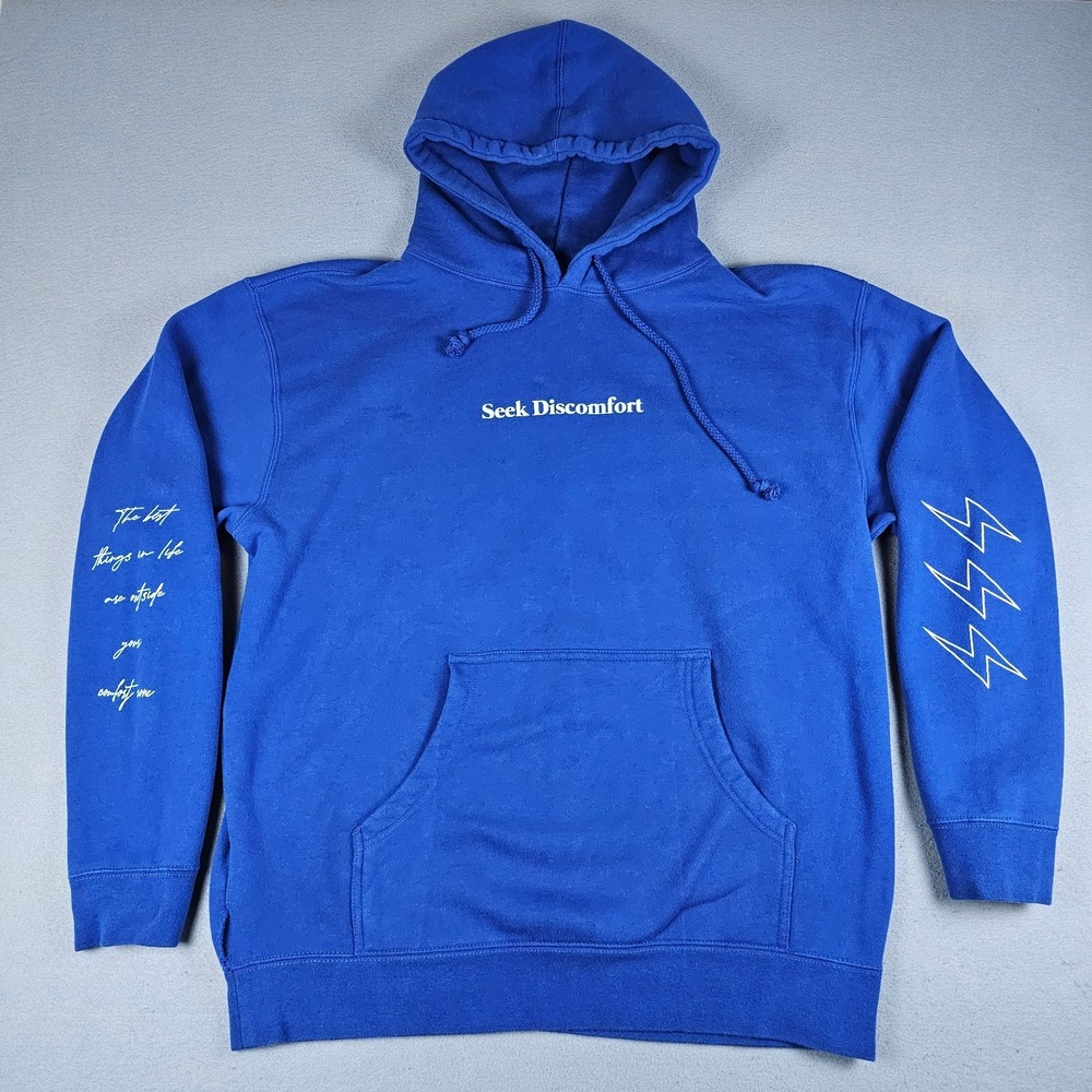 Seek Discomfort Hoodie Mens Large Blue Fleece Pullover Lightning Bolts Script